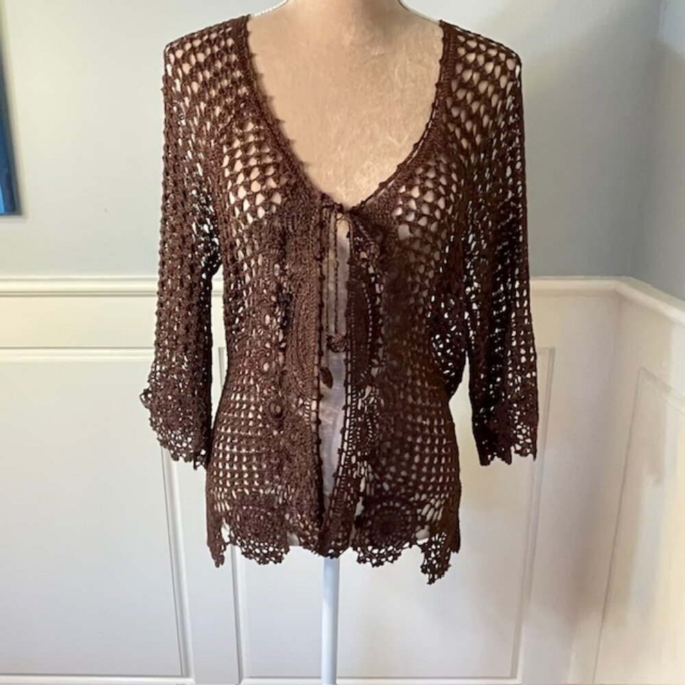 Vintage Y2k Fairy Cottagecore Crochet Knit Brown Sweater Cardigan OS - Picture 2 of 11